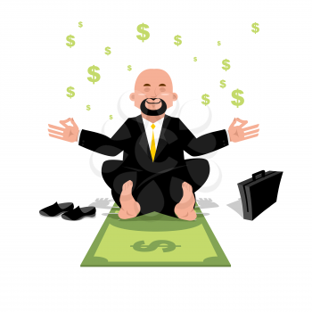 Financial yoga. Businessman meditating on money. Man sitting on dollar in lotus position. Enlightenment and meditation. Achieving wealth. dollar symbol

