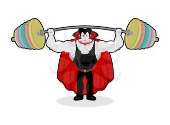 Dracula and barbell. Gym over his head. Exercises on shoulders. Strong, powerful vampire. Illustration for halloween
