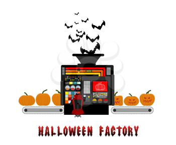 Halloween factory. device manufacturing scary pumpkin. Vegetables and bats processed terrible. Manufacturing process horror. Machine for production of fear. Control panel for Dracula. Vampire machine 