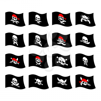 Jolly Roger. Pirate flag. Skull and crossbones. skeleton head in sling. Swords and guns. Developing black flags corsairs. Set Banner filibusters. bandits symbol
