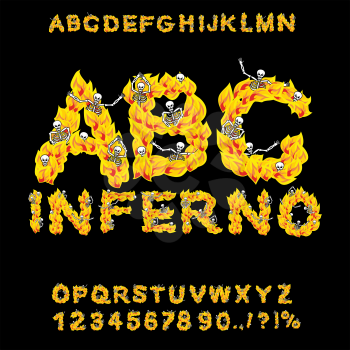 Inferno ABC. Hell font. Fire letters. Sinners in hellfire. hellish Alphabet. Scrape down flame for sins. torture skeletons
