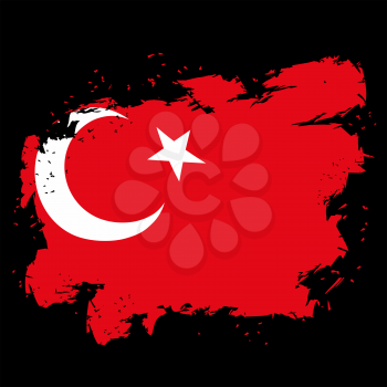 Turkey flag grunge style on black background. Brush strokes and ink splatter. National symbol of Turkish state
