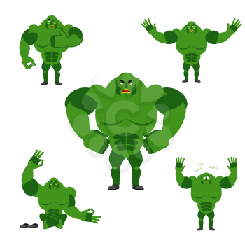 Ogre set poses. Expression of emotions green monster. Evil and good goblin. Sad and happy troll. big strong freak