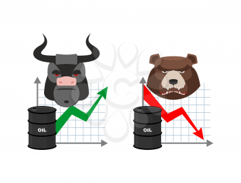 Oil quotations increase. Barrel of oil declines. Bull and bear. Business graph. Traders in securities market. Players on the Exchange. Green arrow and red arrow
