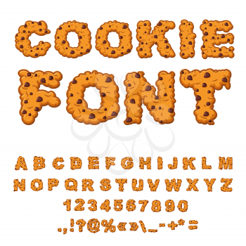 Cookies font. Biscuits with chocolate Drops alphabet. Letters of cookie. Food lettering. Edible typography. Baking ABC. Crackers and oatmeal pastry

