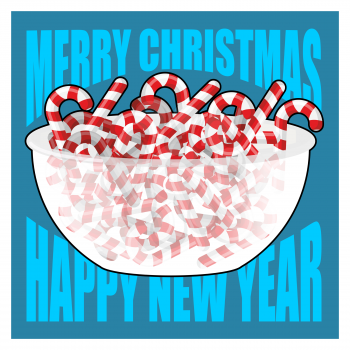 Merry Christmas and Happy New Year. Bowl and peppermint Christmas candy. Sweets on plate. Traditional treat for New Year. Mint lollipop celebratory food
