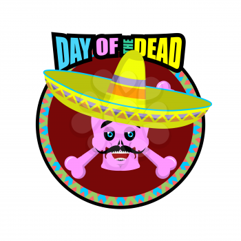 Day of the Dead skeletons and sombrero. Multi-colored skull in Mexican hat. Emblem for National Holiday in Mexico. Illustration Ethnic feast

