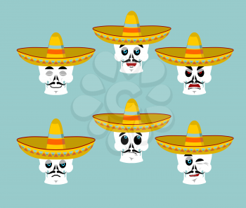 Skeletons and sombrero set for Day of the Dead. Multi-colored skull in Mexican hat. Emblem for National Holiday in Mexico. Illustration Ethnic feast

