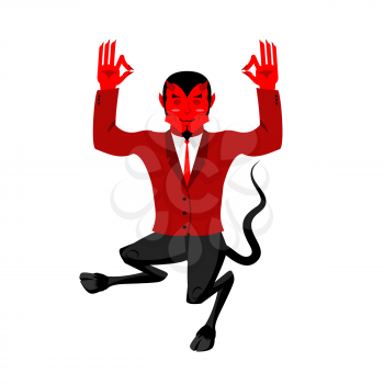 Devil does yoga. Red demon in lotus position. Happy Satan. Mefistofil prince of darkness and the underworld. Lucifer boss with horns. Religious and mythological character,  supreme spirit of evil. Dia