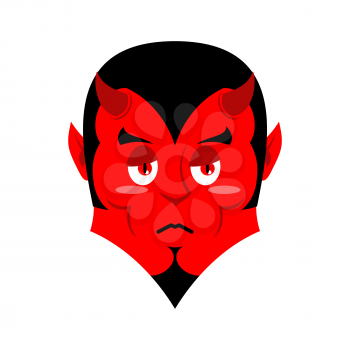 Sad Satan. Sorrowful red devil. Pessimistic demon. Pitiful face. Mournful miserable devil with horns. Mephistopheles prince of darkness and underworld. Religious and mythological character, supreme sp