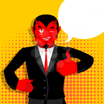 Satan hands shows thumbs up. Sign all right. Hand showing ok. style of pop art  Bubble for text. Gesture of  hand. Funny demon. Heck with horns. Crafty devil. Beelzebub Prince of darkness and underwor