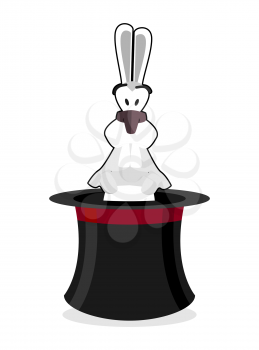 Rabbit in hat. Accessory magician. White rabbit in magic cap. Focus cylinder isolated on white background
