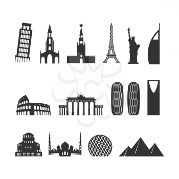 Landmark travel set. silhouette Architectural monuments. Known state of building. Eiffel Tower, and Moscow Kremlin. Leaning Tower and Statue of Liberty in USA. Egyptian pyramids and Roman Colosseum. m