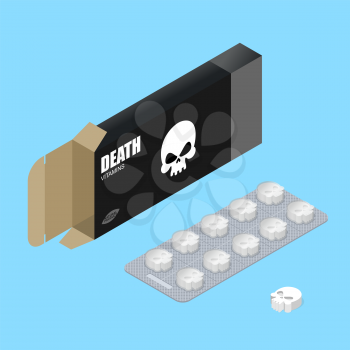 Death pills in pack. Deadly vitamins in box.  medicament for lethal outcome in form of skull. Scary poisonous medicines. Medical drugs.