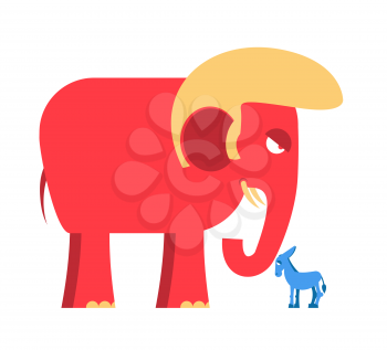 Big Red Elephant and little blue donkey symbols of political parties in America. Democrats against Republicans. Opposition to USA policy. Symbol of political debate.  American elections
