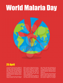 World Malaria Day. Poster for international holiday of April 25. Planet earth and silhouette of malaria mosquito
