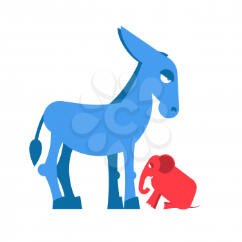 Big Blue Donkey and little red elephant symbols of political parties in America. Democrats against Republicans. Opposition to USA policy. Symbol of political debate.  American elections
