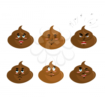 Set shit emotion. Cheerful and angry turd. Surprise and sadness cal. Sleepy excrement. Collection of emoticons faeces. Stool on white background

