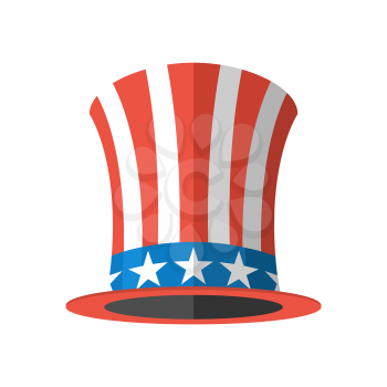 Uncle Sam hat on white background. Cylinder Uncle Sam USA. American hat. Hat for independence day. Uncle Sam hat isolated. National Patriotic hat in America
