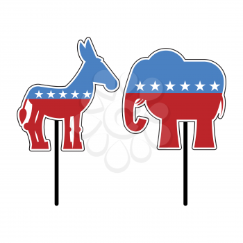 Elephant and donkey. Symbols of Democrats and Republicans. Political parties in United States. Illustration for election, debate in America. Democrat Donkey and Republican Elephant opposition. USA fla