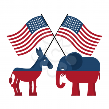 Elephant and donkey. Symbols of Democrats and Republicans. Political parties in America. USA flag