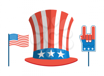 Set for elections in America. Uncle Sam hat. USA flag. Set for political debate in United States.  Foam finger. National Patriotic Rock foam finger gesture
