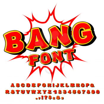 Bang font. Comic alphabet. Bright cartoon ABC. Red letters
