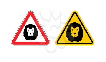 Warning sign lion attention. Dangers yellow sign wild animal. Aggressive beast. Set of road signs against an animal. Warning leo
