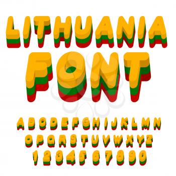 Lithuania font. Lithuanian flag on  letters. National Patriotic alphabet. 3d letter. State color symbolism European state
