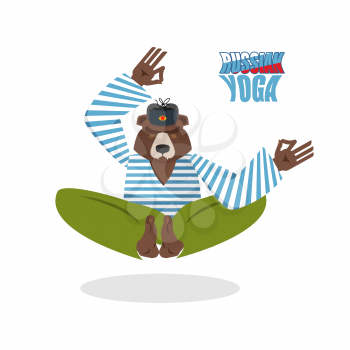 Yoga Russia. Yoga Bear. Beast meditates on a white background. Yoga in Russia. Bear in a cap and T-shirt. Yoga animals