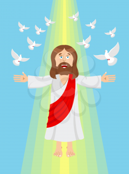 Jesus and pigeons. Ascension of Jesus Christ. Son of God in heaven. Resurrection. Bible character. Yellow divine ray of light
