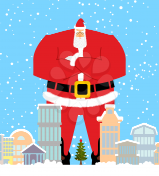 Santa Claus in city. Christmas in town. Snow and buildings. High Santa walking down street. New Year card. Xmas template design

