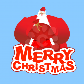 Merry Christmas. Santa Claus and bag. Xmas template. New Year big red sack with gifts.
