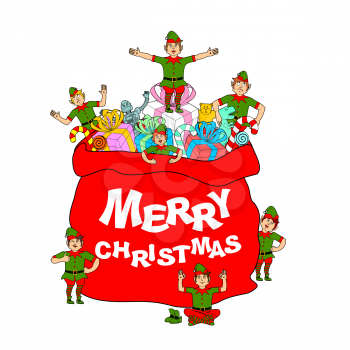 Merry Christmas. Santa bag with gift and elves. Big red sack for children presents. Elf in green clothes.

