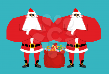 Santa Claus bodyguards. Christmas security guards. Protecting red bag for new year. Defenders of sack gifts for children 