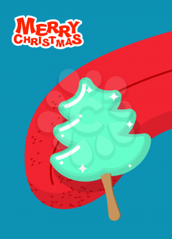 Christmas tree ice cream pistachio lick. Popsicle on stick in form of green fir-tree Licking tongue. Sweets for Christmas. Dessert for new year