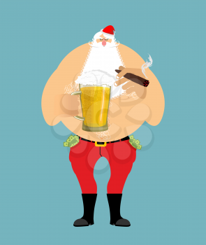 Bad Santa with beer and cigar. Santa Claus. money in pocket. drink away earnings. Christmas bully. New Year celebration
