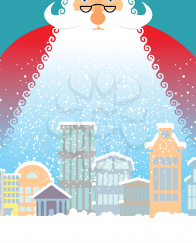 Santa Claus in city. Christmas in town. Snow and buildings. New Year card. Xmas template design