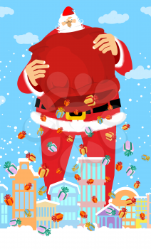 Santa Claus and bag rain gifts in city. Christmas in town. Snow and buildings. High Santa and big red sack walking down street. New Year card. Xmas template design
