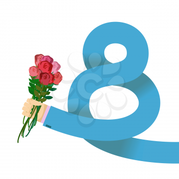 8 March International Womens Day. Man hand in jacket gives roses. Holiday symbol. Eight emblem. Congratulations hand bouquet flowers