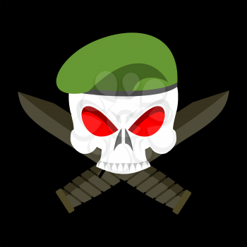 Skull in beret military emblem. Army cap and knife. Terrible sign for clothing soldiers