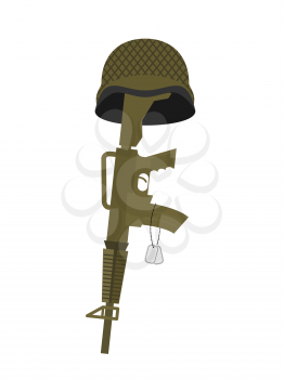 Grave soldier. Helmet and gun instead of cross. Badge Army. War tomb
