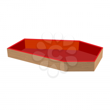 Wooden coffin open. casket empty. Religious object on white background. Red upholstery

