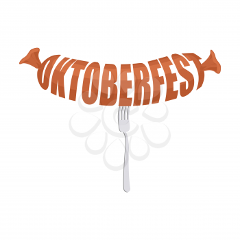 Oktoberfest sausage on fork emblem. Meat lettering. Logo for German festival Beer
