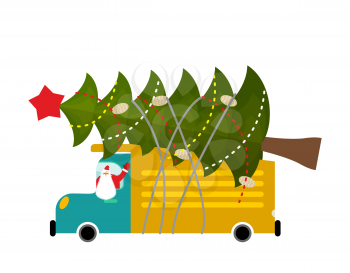Santa Claus in truck with tree. Holiday car. New Year Machine

