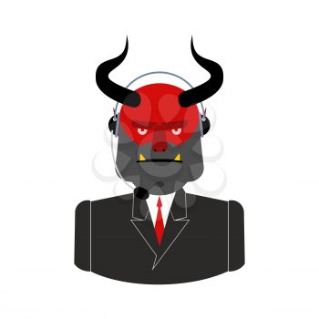 Hell call center. Satan with headset. Devil feedback operator Customer sinners. Customer Service