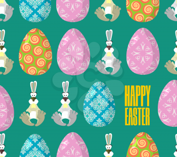 Happy Easter. Easter seamless pattern. Traditional eggs. Rabbit ornament. Festive background for Easter. Painted, decorated eggs. Hare for holiday
