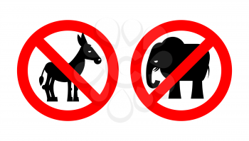 Ban elephant. Stop donkey. Prohibited Symbols USA political parties. Crossed-out animals. Emblem against American Democrat and Republican. Elections in United States. Red prohibition sign
