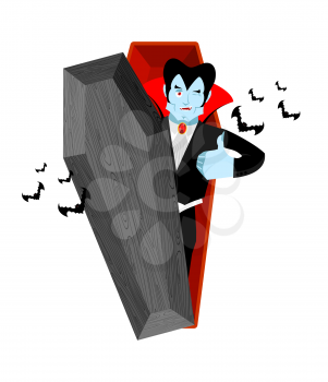 Dracula and coffin. Vampire Thumbs up shows well. Ghoul winks. Signs all right. happy Good bloodsucker. Mimicry smile on his face. Gesture of hand order. Illustration halloween. Bats and open casket