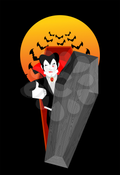 Dracula in coffin Thumbs up shows well. Vampire winks. Sign all right. Jolly Good ghoul. Mimicry smile on his face. Gesture hands okay. Illustration for halloween. Bats and bloody moon